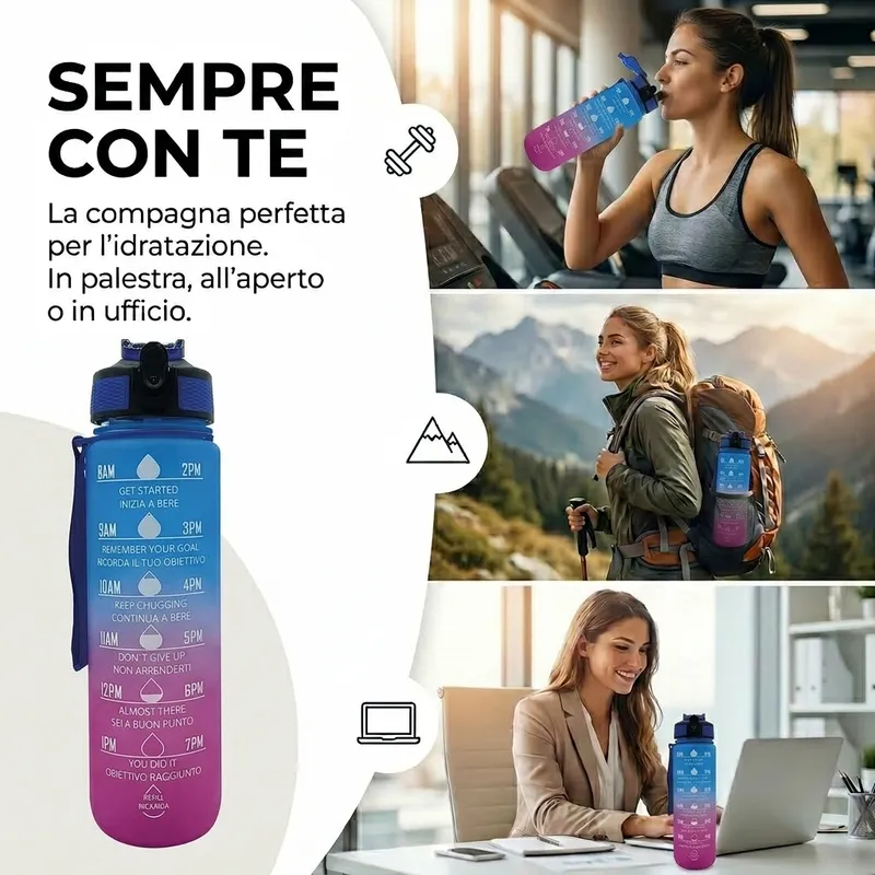 Borraccia blu e viola per sport e lavoro